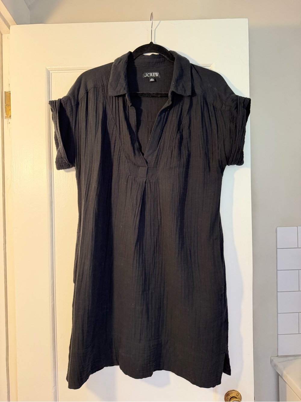J.Crew Black Cotton Double-Gauze Short Sleeve Popover Tunic Mini Dress